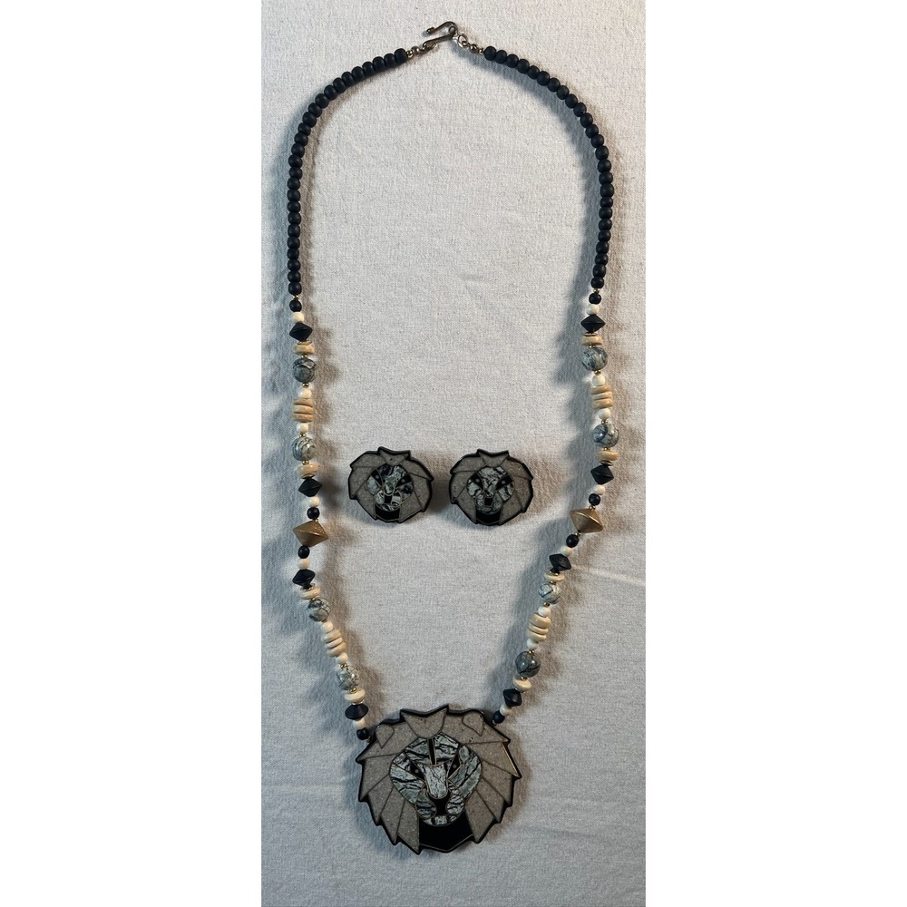 Vintage Lee Sands Mosaic Lion Inlaid Beaded Necklace and Pierced Earrings - BOHO